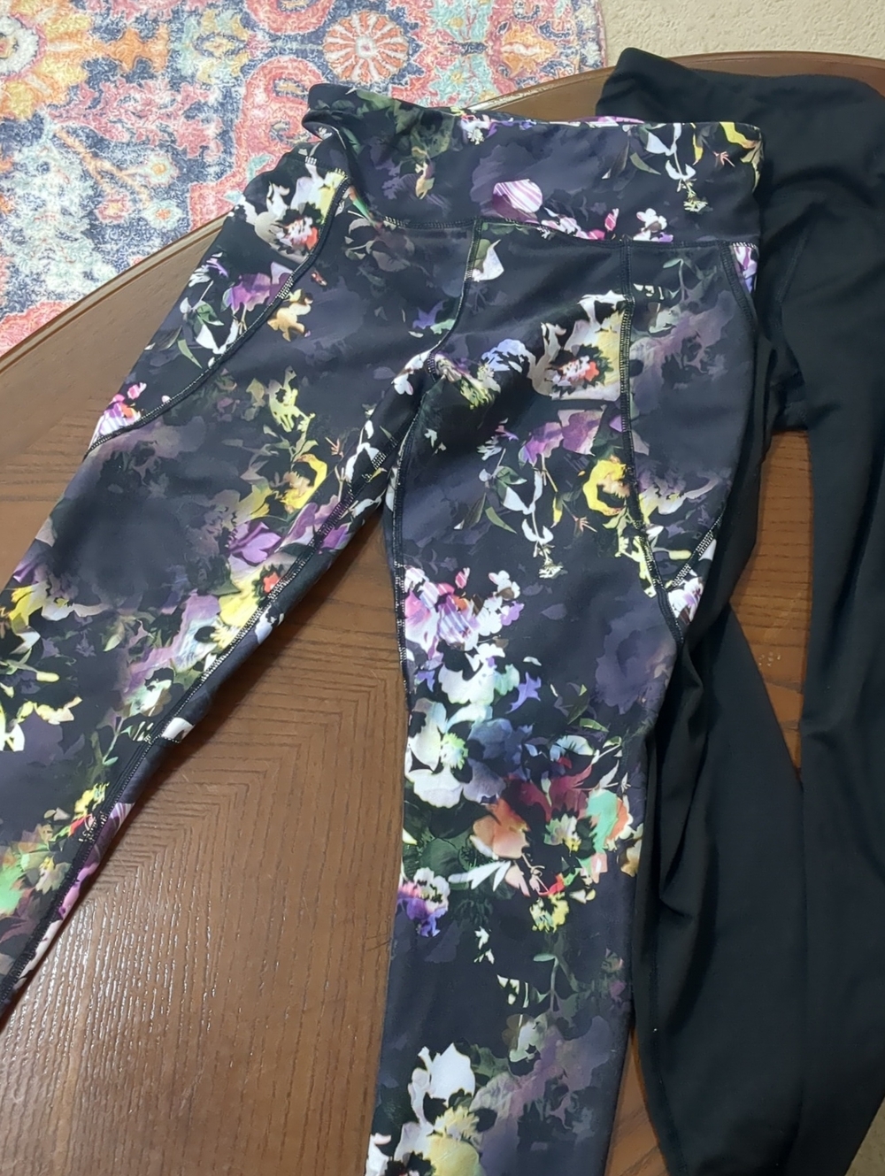 2 High-Waist Floral Print Leggings - Black with Multicolor Blooms & Black Capris